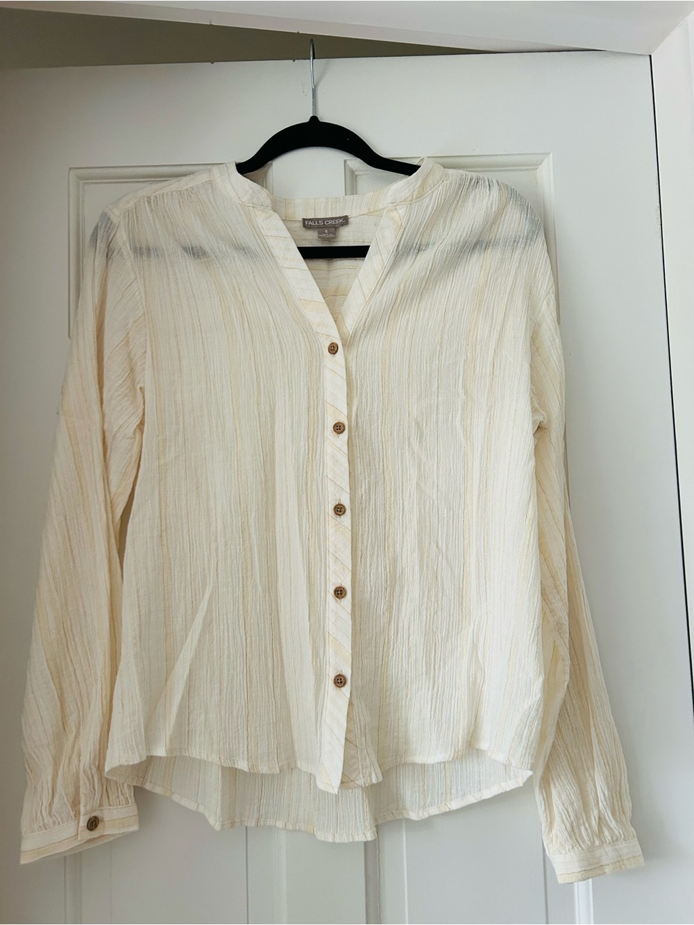 Falls Creek Soft Cream and Gold Button-Front Peasant Blouse - Picture 3 of 7